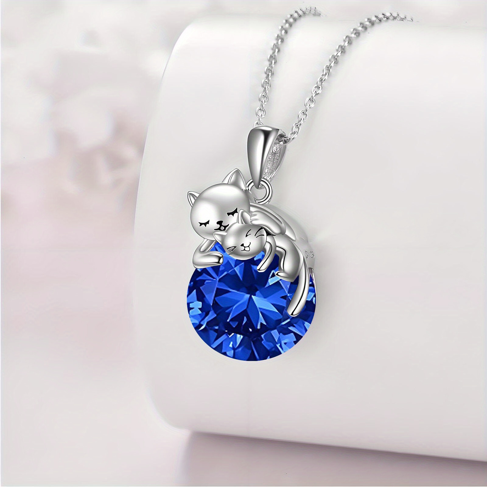 Adjustable September Birthstone Cat Necklace, 925 Sterling Silver